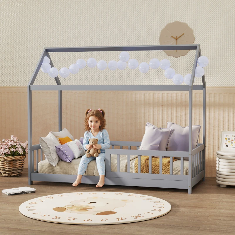 HOMCOM House-Shaped Kids Bed Frame with Guard Rails, Solid Pine Wood Single Bed Frame for Kids Boys and Girls, Grey