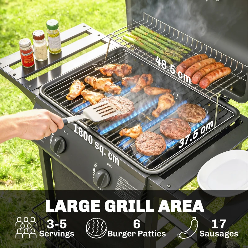 Outsunny Gas Burner Barbecue Grill, 2 Burner Gas Grill with Side Tables, Warming Rack, Shelf, Thermometer, Grease Tray, Black
