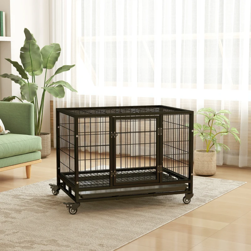 PawHut 36" Heavy Duty Metal Dog Crate Pet Cage with Tray Wheeled Dog Kennel - Black (Medium)