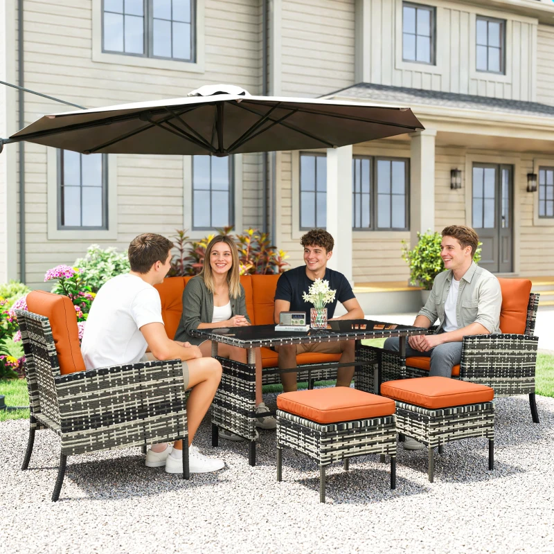 Outsunny 6 Pieces Rattan Garden Furniture Set with Dining Table and Cushions, Orange