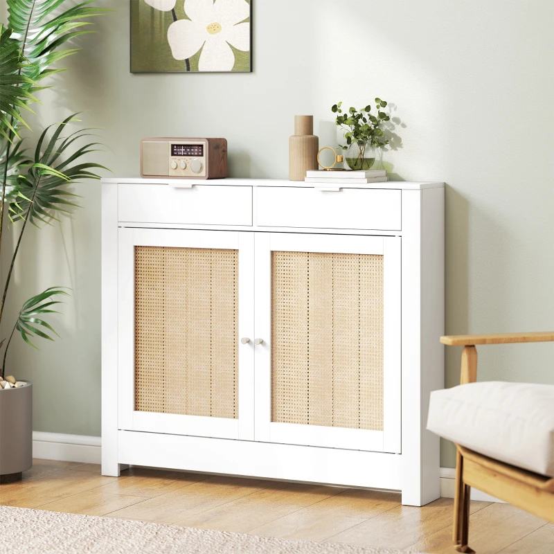 HOMCOM Cubre Radiadores con Puertas Abatibles y Ratán 2 Compartimentos Diseño Bohemio para Salón Dormitorio Blanco
