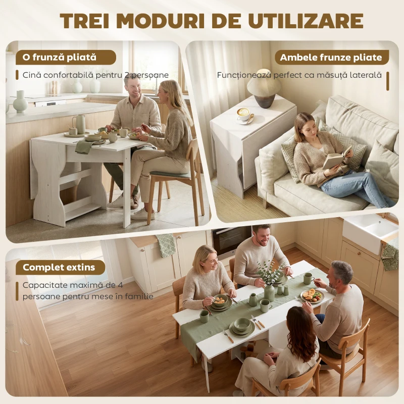 HOMCOM Masă de Sufragerie Pliabilă , Economisitoare de Spațiu, 160 cm, Albă