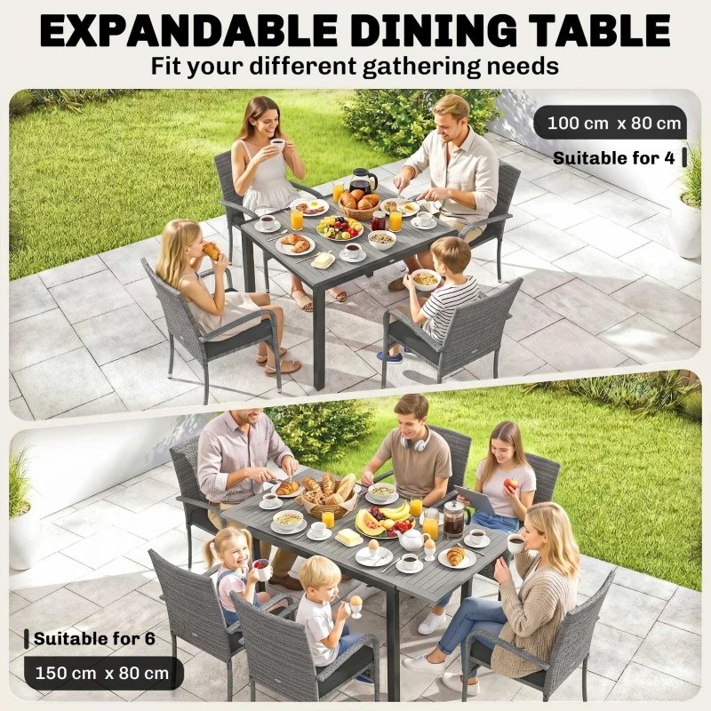 Outsunny 7 Piece Rattan Garden Furniture Set, 6 Seater Garden Table and 6 Stackable Chairs with Extendable Acacia Wood Tabletop