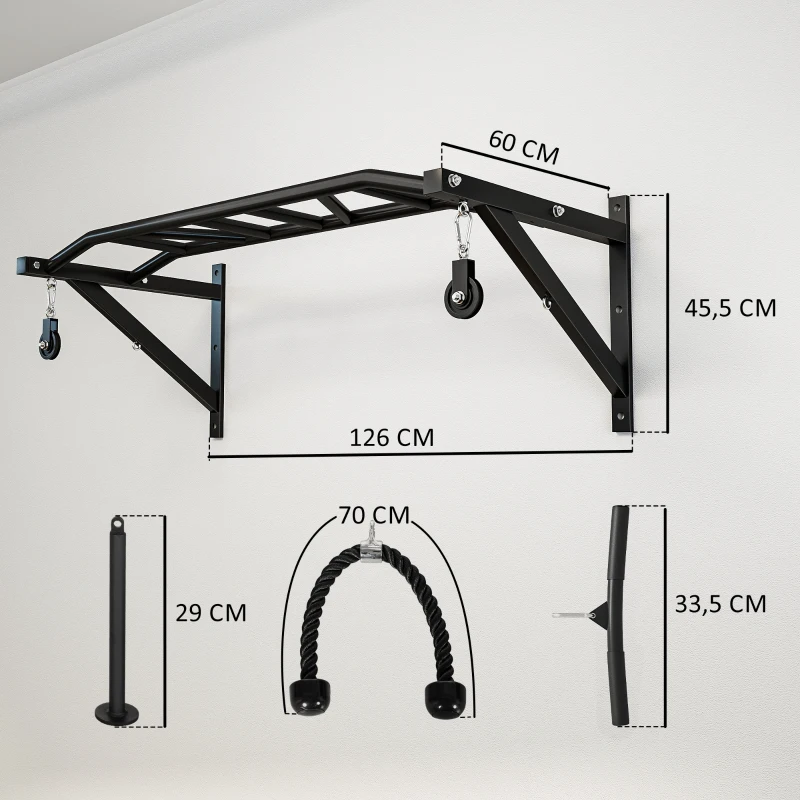 SPORTNOW Barre de traction murale barre de fitness multi-prise système de poulie à câble charge 200kg, acier 126x60x45,5cm, noir