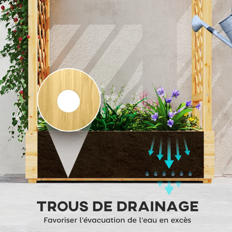 Outsunny Jardinière surélevée avec treillis latéral et supérieur, bac à fleurs trous de drainage, 110x44x113cm, bois naturel