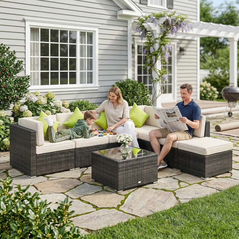 Outsunny 7-Seater PE Rattan Corner Sofa Set, Garden Furniture Set, Patio Wicker Sofa Seater w/ Cushion, Washable Cushion Cover & Tempered Glass Table, Brown