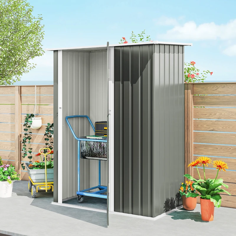 Outsunny Capanno Porta Attrezzi in Metallo con Tetto Inclinato e Porta Bloccabile, 142x86x189 cm, Grigio Chiaro