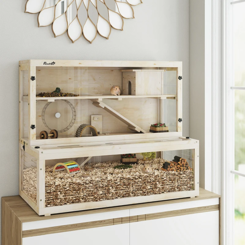 PawHut Wooden Hamster Cage with Hut, Wheel, Ramps, Removable Viewing Panels, 100 x 50 x 84 cm, Natural Wood