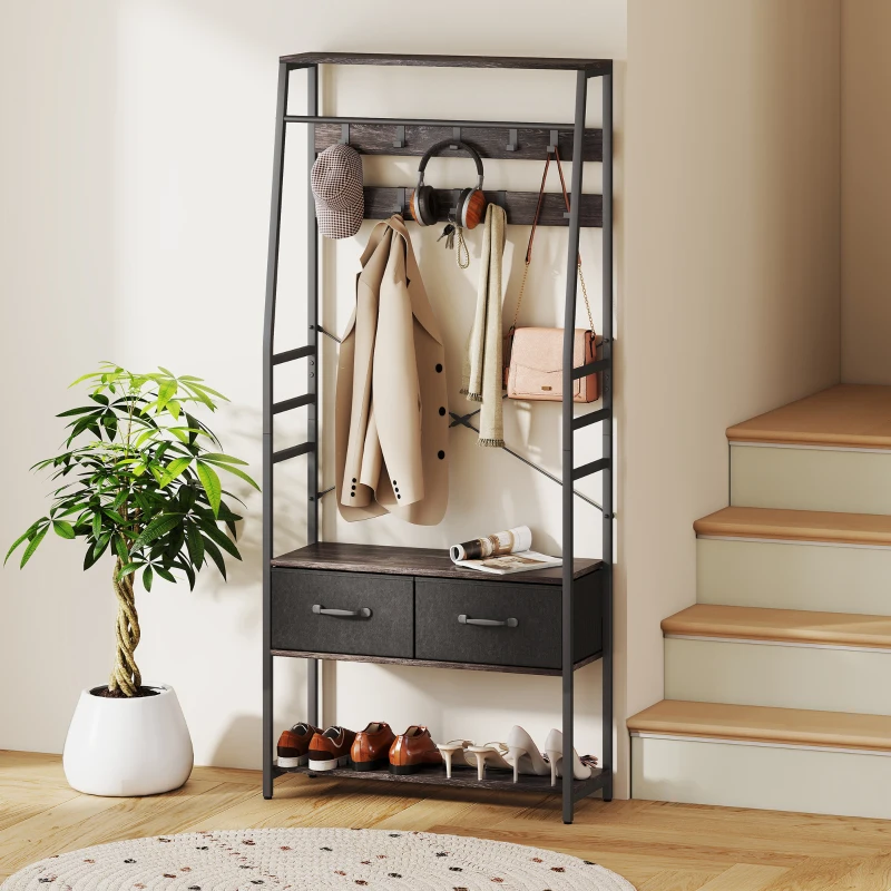 HOMCOM Coat Rack with Shoe Storage, Hall Tree, Industrial Coat Stand with Shoe Bench, 10 Removable Hooks, 2 Fabric Drawers and Clothes Rail for Entryway, Hallway, Grey