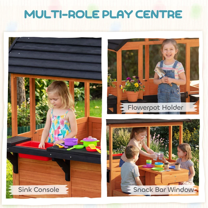 AIYAPLAY Wooden Playhouse Playhouse for Kids with Table, Benches, Sink Table, Windows, Flowerpot Holders, for Ages 3-8, Brown