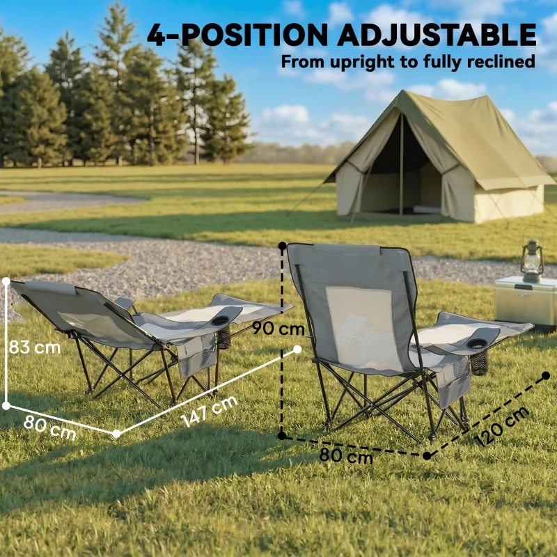 Outsunny Camping Chair Reclining Portable Camp Chair with Detachable Footrest Cup Holder Grey