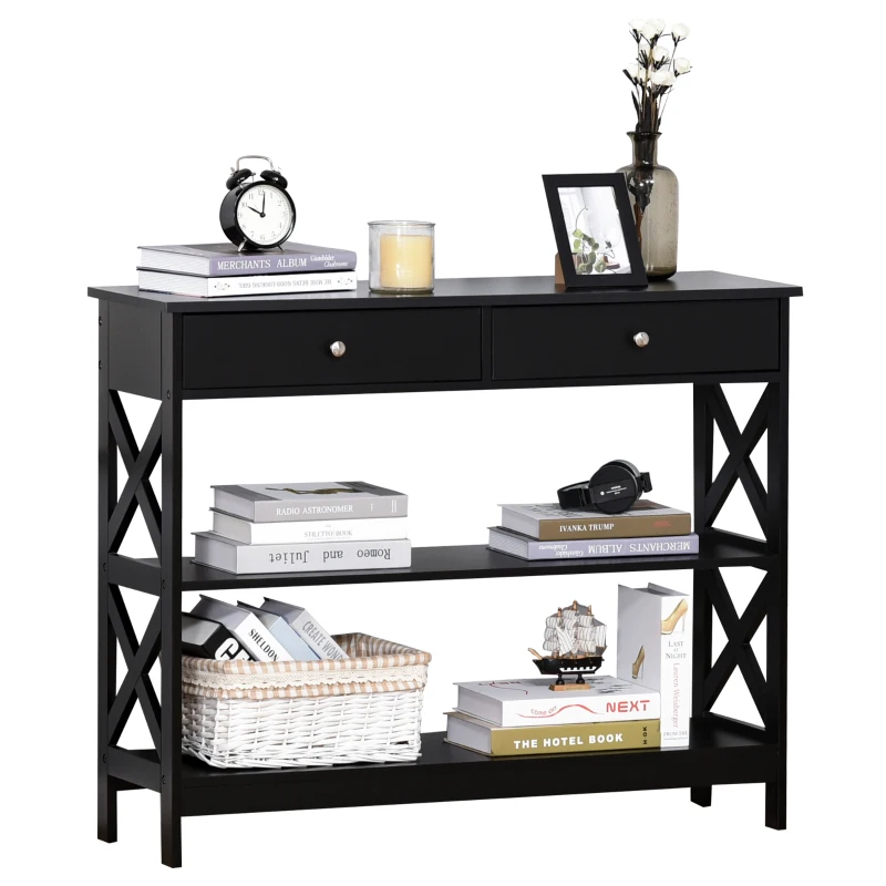 HOMCOM Console Table Side Desk w/ Shelves Drawers Open Top X Support Frame Living Room Hallway Home Office Furniture Black
