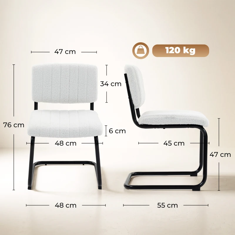 HOMCOM Set 2 Scaune de Dining Tapițate din Țesătură Teddy, Cadru Metalic Tip Sanie, Alb Crem