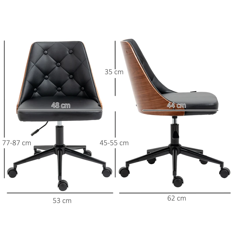 Vinsetto Silla de Oficina con Altura Ajustable y Basculante para Dormitorio Oficina 53x62x77-87 cm Negro y Madera
