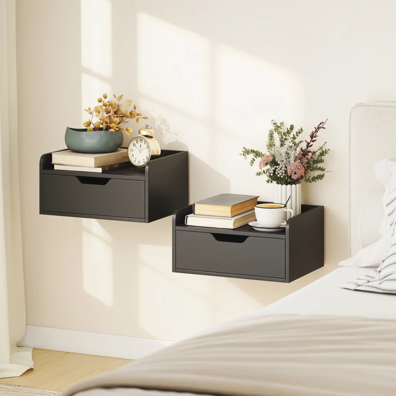 HOMCOM Lot de 2 tables de chevet murales tables de nuit suspendues tiroir plateau aspect bois dim. 40L x 30l x 19,5H cm