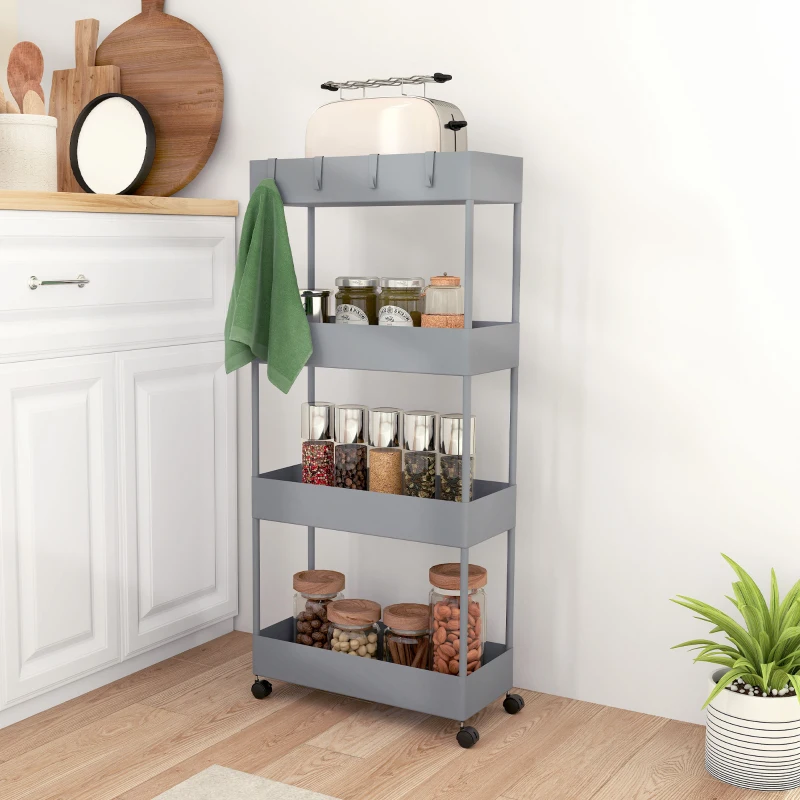 HOMCOM Carro de Cocina de 4 Niveles Carrito Auxiliar con Ruedas 4 Cestas y 4 Ganchos Extraíbles para Salón 40x19x90 cm Gris