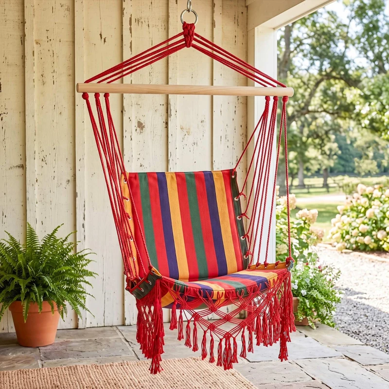 Outsunny Silla Hamaca Colgante Tejido de Algodón Poliéster Carga 100 kg Sillón Colgante para Interior Exterior Terraza 100x60x100 cm Multicolor