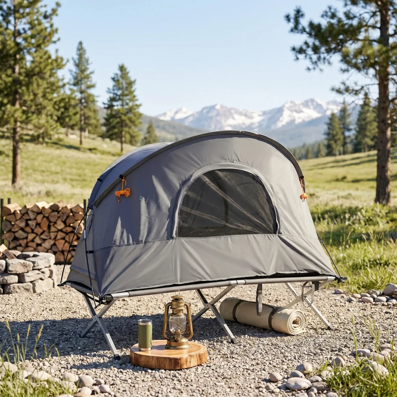 Outsunny Tienda de Campaña 3 en 1 con Cama Colchón Hinchable y Bolsa de Transporte para Senderismo 200x86x147 cm Gris