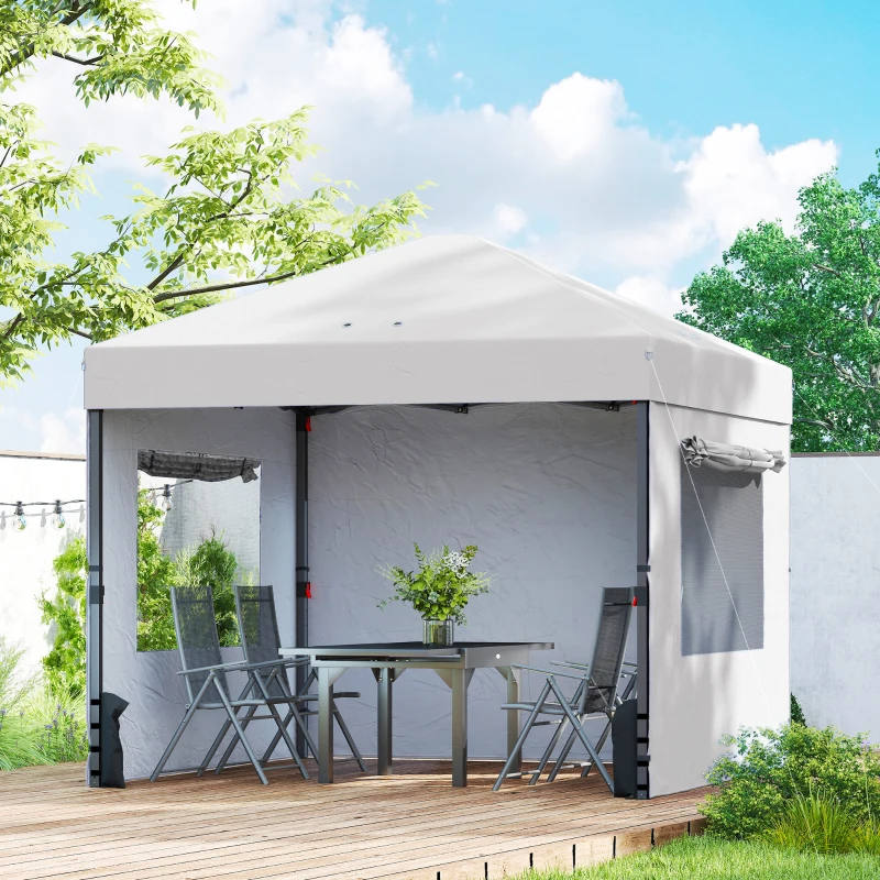 Outsunny Carpa Plegable Pop-up 3x3 m con 3 Paredes 2 Ventanas Altura Ajustable UPF50+ Bolsa Transporte y Sacos de Arena Blanco