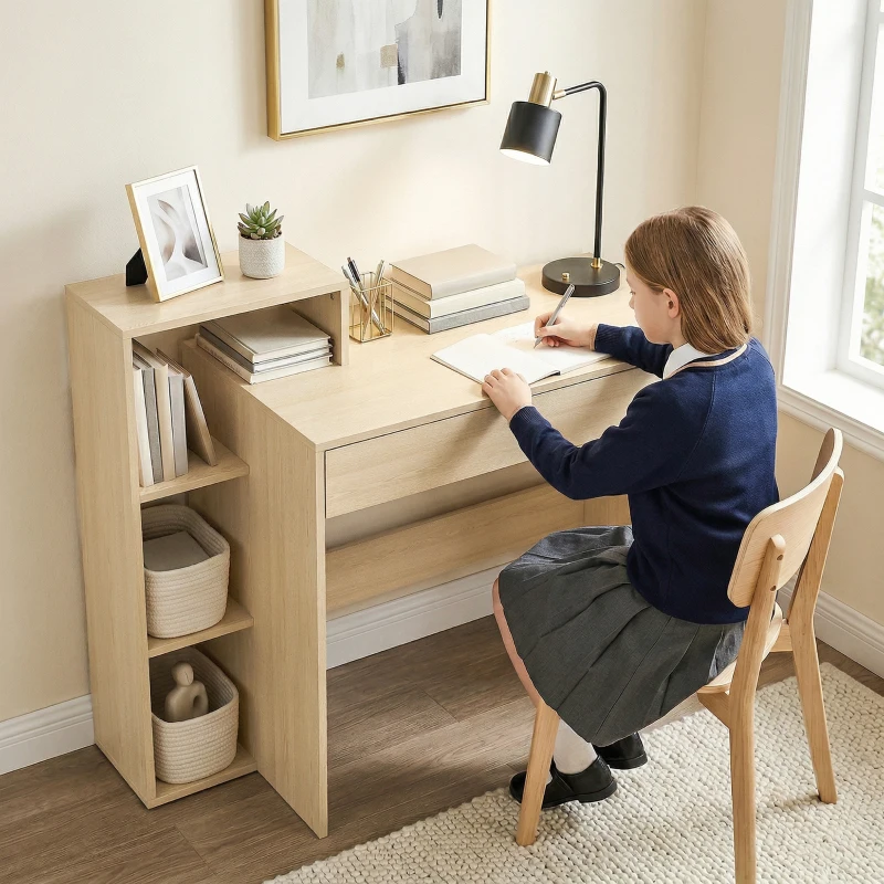 HOMCOM Bureau avec rangement, bureau d'ordinateur avec 3 étagères de rangement et tiroir, 100 x 40 x 90 cm, bois naturel