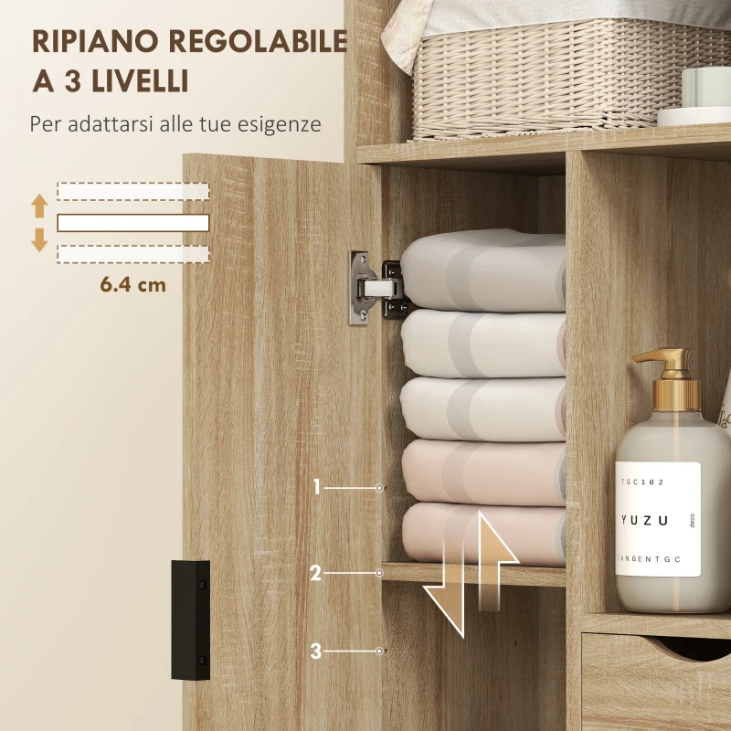HOMCOM Mobile Bagno Salvaspazio Slim con 2 Cassetti, Ripiani e Armadietto, 50x25x100 cm, Legno Naturale