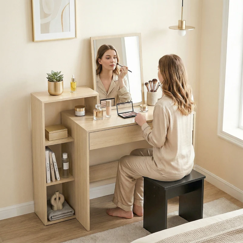 HOMCOM Bureau avec rangement, bureau d'ordinateur avec 3 étagères de rangement et tiroir, 100 x 40 x 90 cm, bois naturel