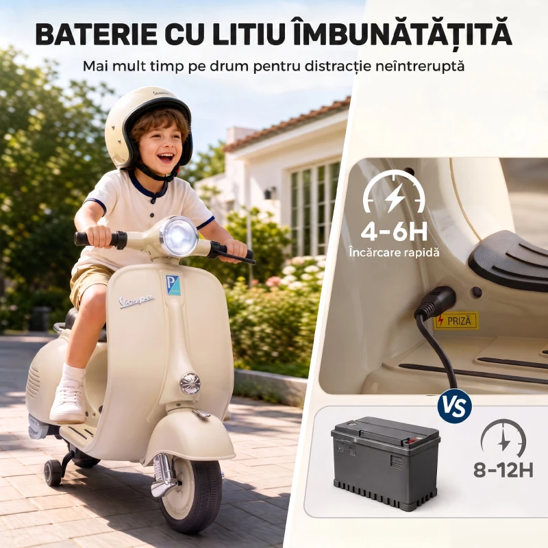 AIYAPLAY Motocicletă Electrică pentru Copii 3+ Ani, Licență VESPA, 6V, cu Roți Ajutătoare Detașabile, Max. 30 kg, Alb