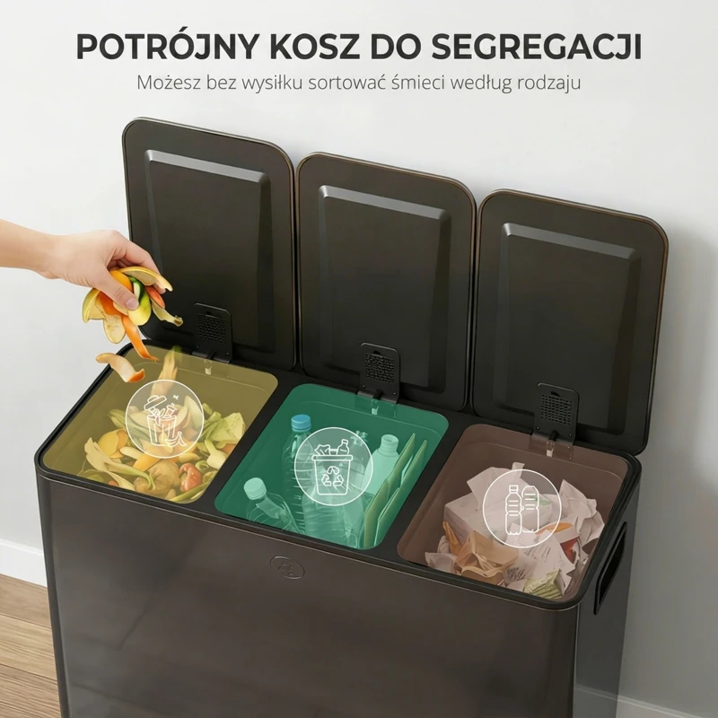 HOMCOM Kosz na śmieci z 3 komorami 20L, pokrywy z odświeżaczem, odporny na odciski palców, funkcja Soft-Close, wyjmowany, czarny