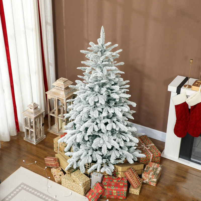 HOMCOM 5 ft Artificial Flocked Christmas Tree with 717 Branches, Hinged Xmas Tree with Foldable Metal Stand, Easy Assembly for Home Office Decor