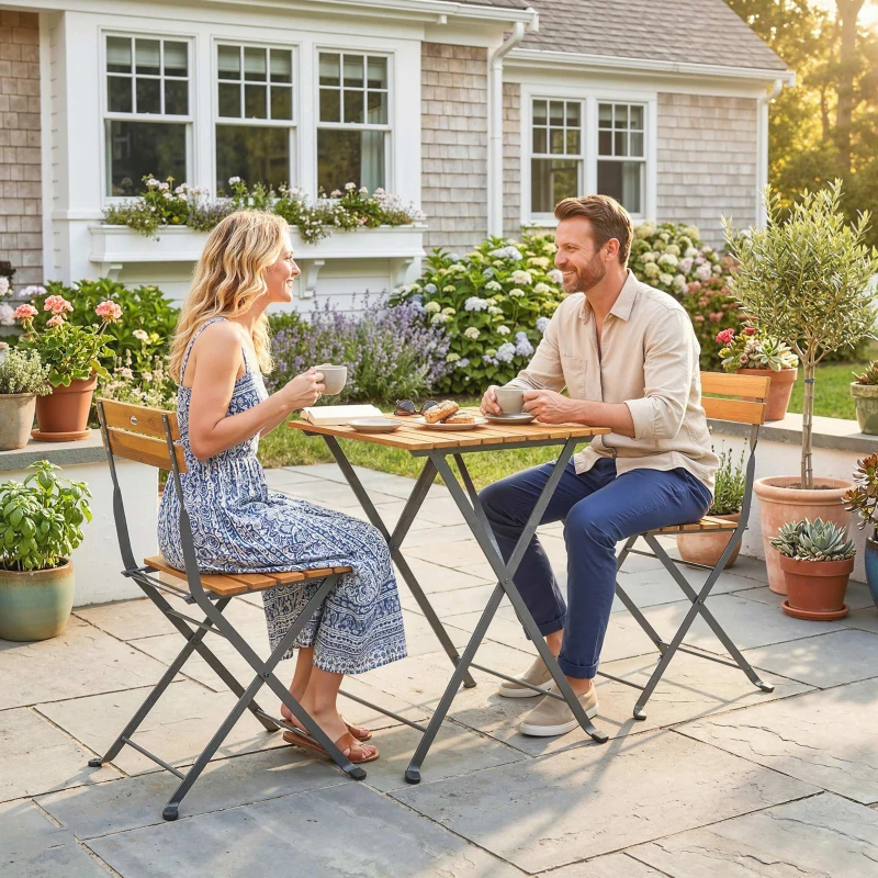 Outsunny Sitzgruppe 3 tlg. Essgruppe für 2 Personen klappbarer Esstisch mit 2 klappbare Stühle für Terrasse Balkon Teak