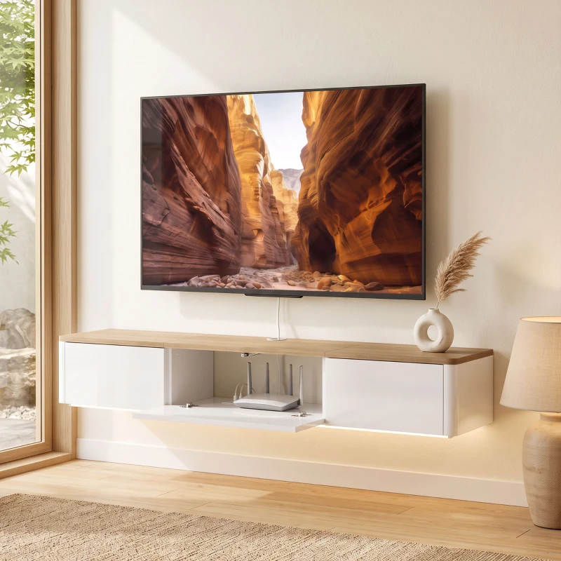 HOMCOM Móvel de TV Suspenso Até 165,1 cm com 2 Gavetas Armário Luzes LED RGB Tomadas Branco e Cor Madeira