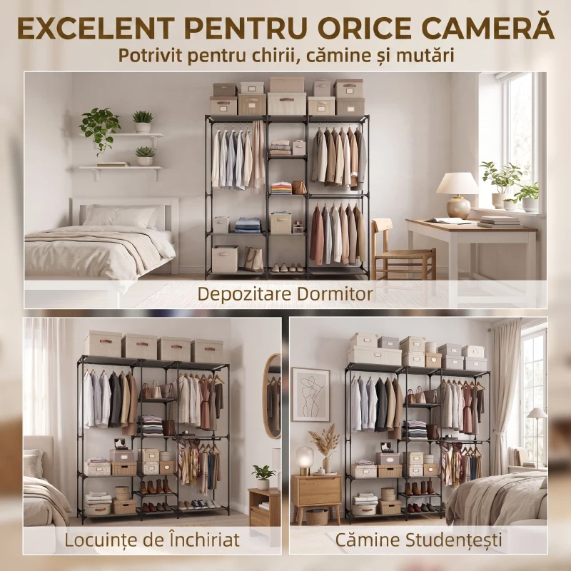 HOMCOM Dulap Textil Compact cu 3 Bare pentru Umerașe, 5 Rafturi și Structură din Oțel, 182 x 43 x 182 Cm, Negru