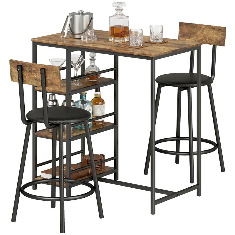 HOMCOM Space Saving Bar Table and PU Leather Stools for 2, 3 Piece Breakfast Bar Table Set with Storage Shelves, Rustic Brown