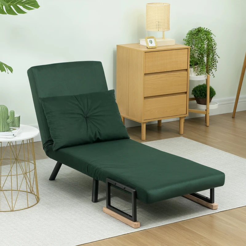 HOMCOM 4-in-1 Velvet-Feel Single Chair Bed, with Pillow - Green