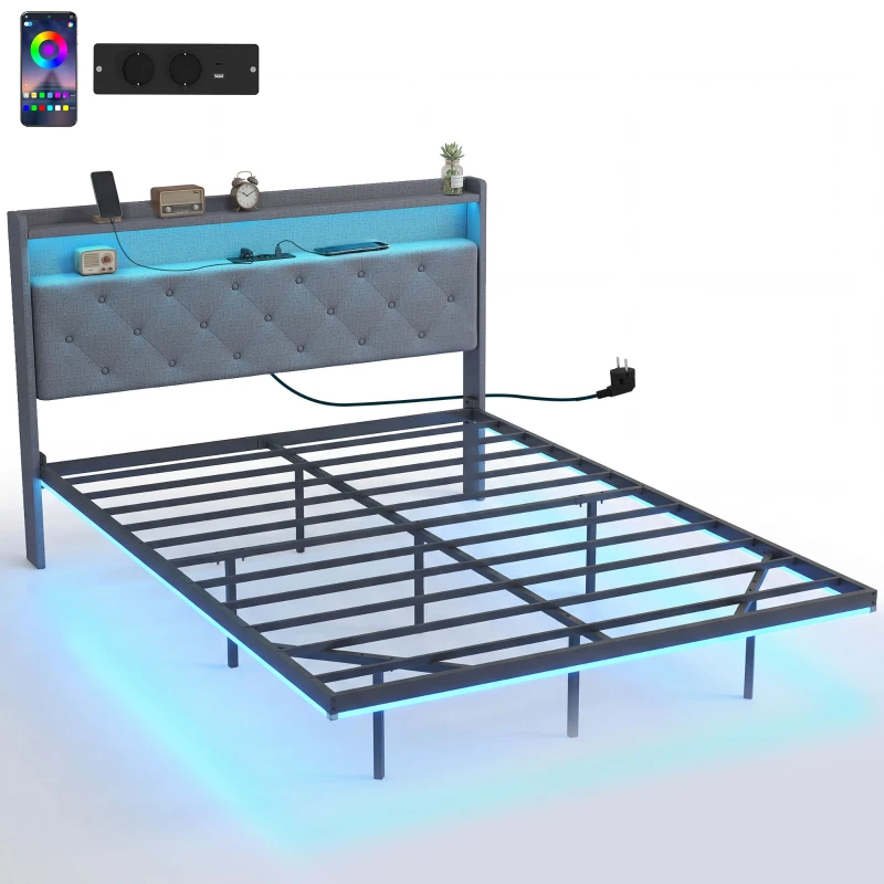 HOMCOM Cadre de lit 160 x 200 cm avec sommier acier, lit 2 personnes flottant avec lumières LED RGB et station de charge, gris