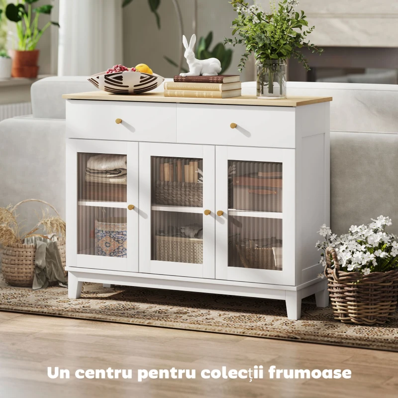HOMCOM Bufet de Bucătărie cu 2 Sertare și 2 Dulapuri cu Uși din Sticlă, din Lemn, 100x35x80,3 cm, Alb și Stejar