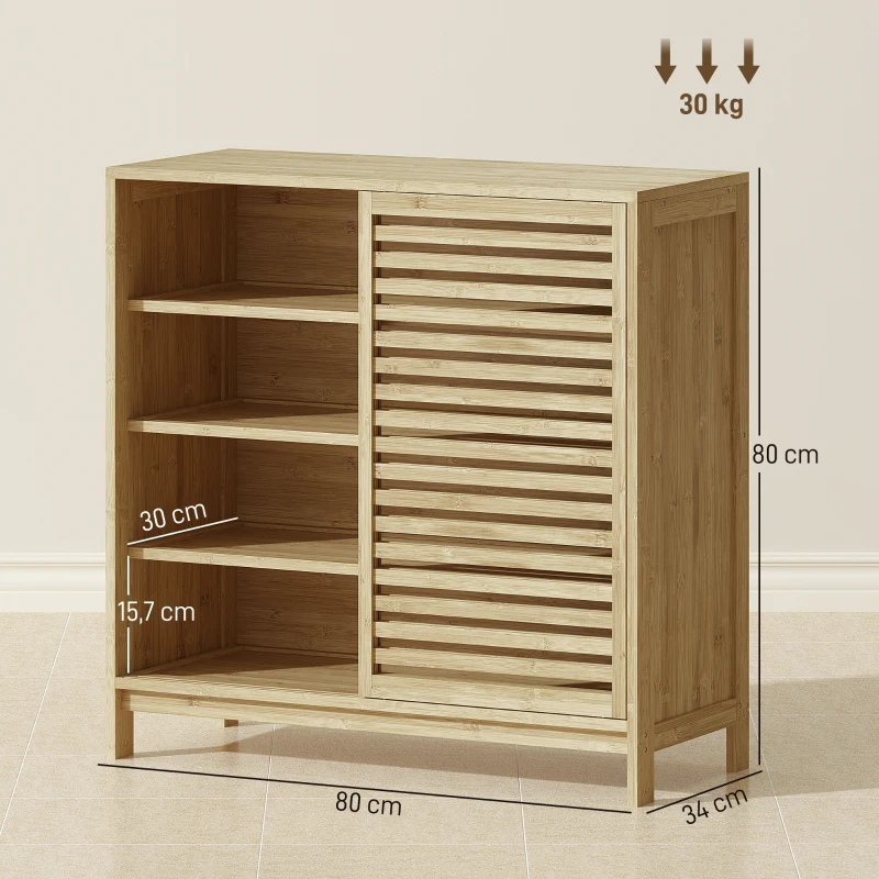 HOMCOM Armario de Baño de Bambú con 2 Puertas Correderas Diseño de Lamas 4 Estantes Mueble Auxiliar de Baño 80x34x80 cm Natural
