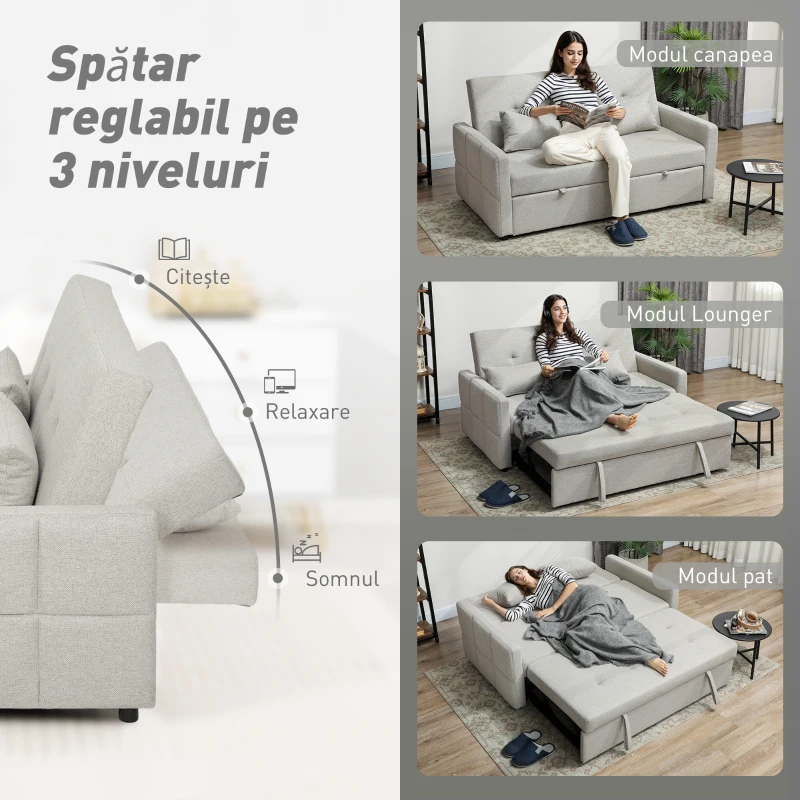 HOMCOM Canapea de 2 Locuri Convertibilă în Pat Clic Clac cu 2 Perne din Material Textil, Maro Deschis