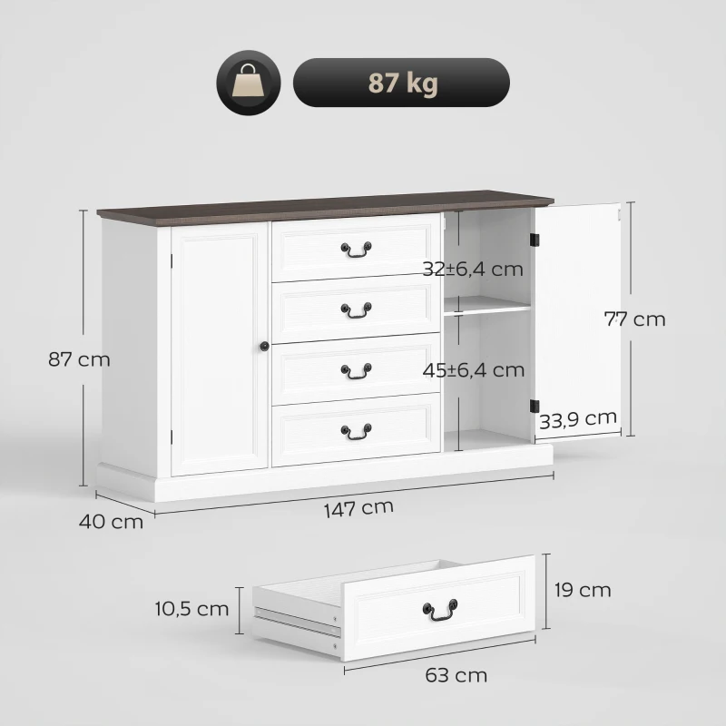HOMCOM Credenza da Cucina Stile Vintage con 4 Cassetti e 2 Armadietti con Mensole Regolabili, 147x40x87, Legno Bianco
