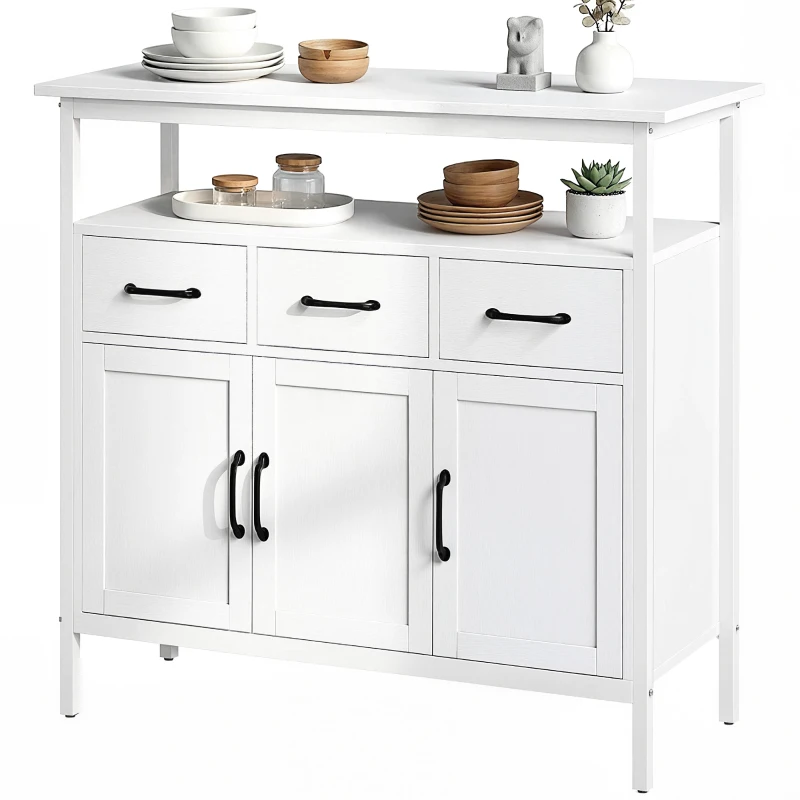 HOMCOM Buffet cuisine, meuble de rangement, 3 portes, 3 tiroirs, compartiment ouvert et étagères réglables, 95x35x88cm, blanc