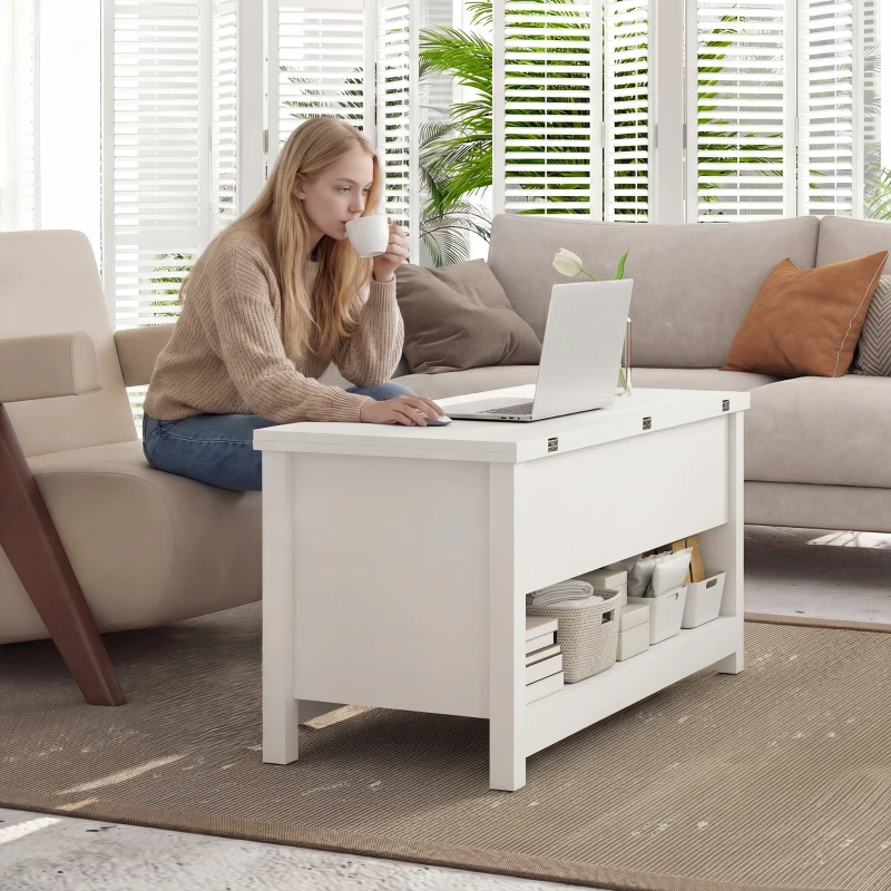 HOMCOM Mesa de Centro Elevable y Extensible con Compartimentos Ocultos Estante Abierto 100x90x62 cm Blanco