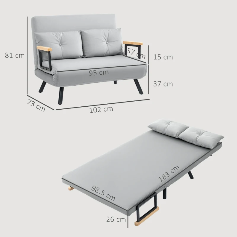 HOMCOM 4-in-1 Velvet-Feel Double Sofa Bed, with Pillows - Light Grey