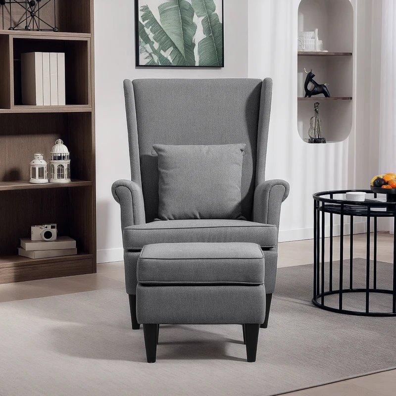 HOMCOM Fotoliu pentru Living din Material Textil cu Taburet pentru Picioare, Spătar Înalt și Pernă, 75x83x104 cm, Gri
