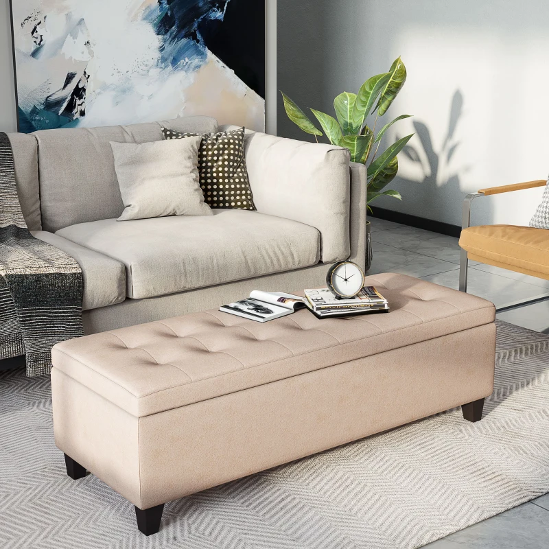 HOMCOM Banco de Almacenamiento Puff de Almacenaje Taburete Tapizado en Lino con Tapa Abatible para Entrada 125x49x41,5 cm Beige