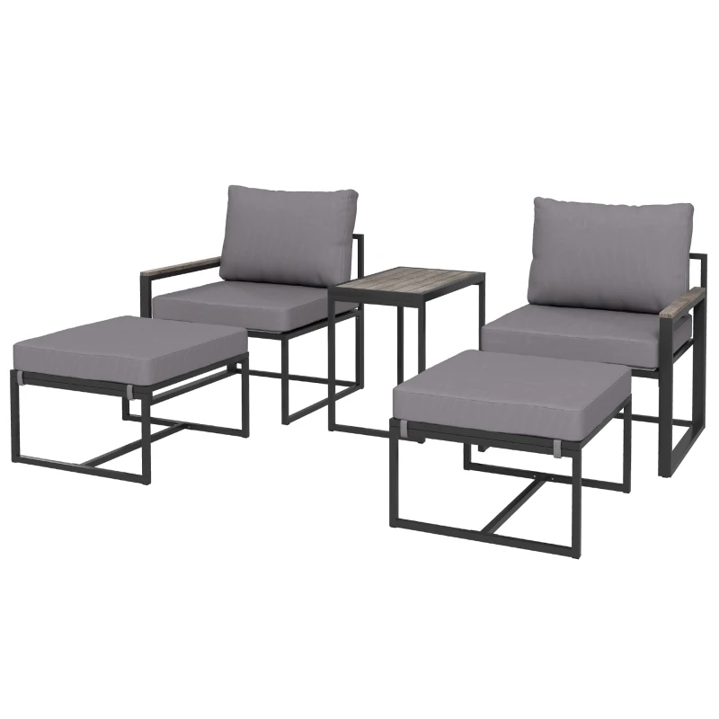 Outsunny Weerbestendige Stalen Tuinmeubelset voor 2 Personen Balkonset met 2 Stoelen, Zitkussens en Bijzettafel - Grijs