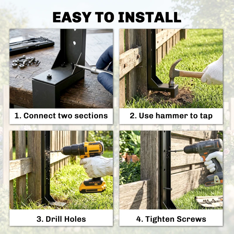 Outsunny 2 Pack Fence Post Repair Kit, 81 cm Metal Fence Post Support with Drill, Garden Ground Spikes for Broken Gate, Posts