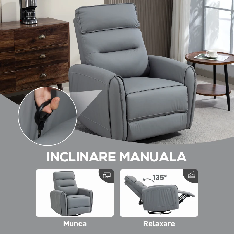 HOMCOM Fotoliu Relax Reglabil Manual cu Suport pentru Picioare, Tapițerie cu Efect de Piele și Bază Rotativă, Gri
