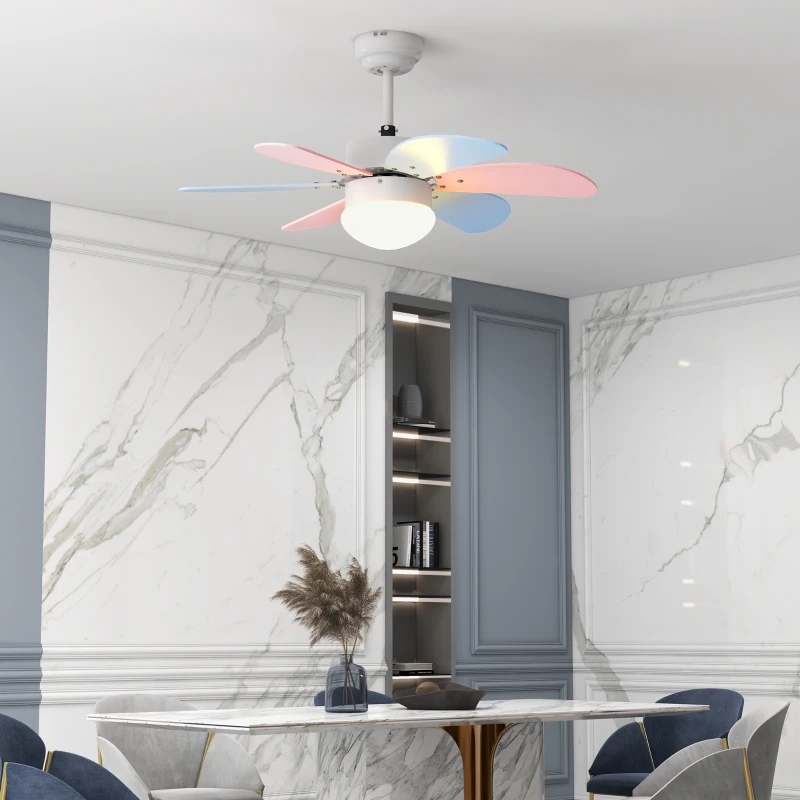 HOMCOM Ventilador de Techo con Luz 34W Ø82,5 cm Motor DC con 6 Aspas Reversibles Mando a Distancia y Temporizador Multicolor