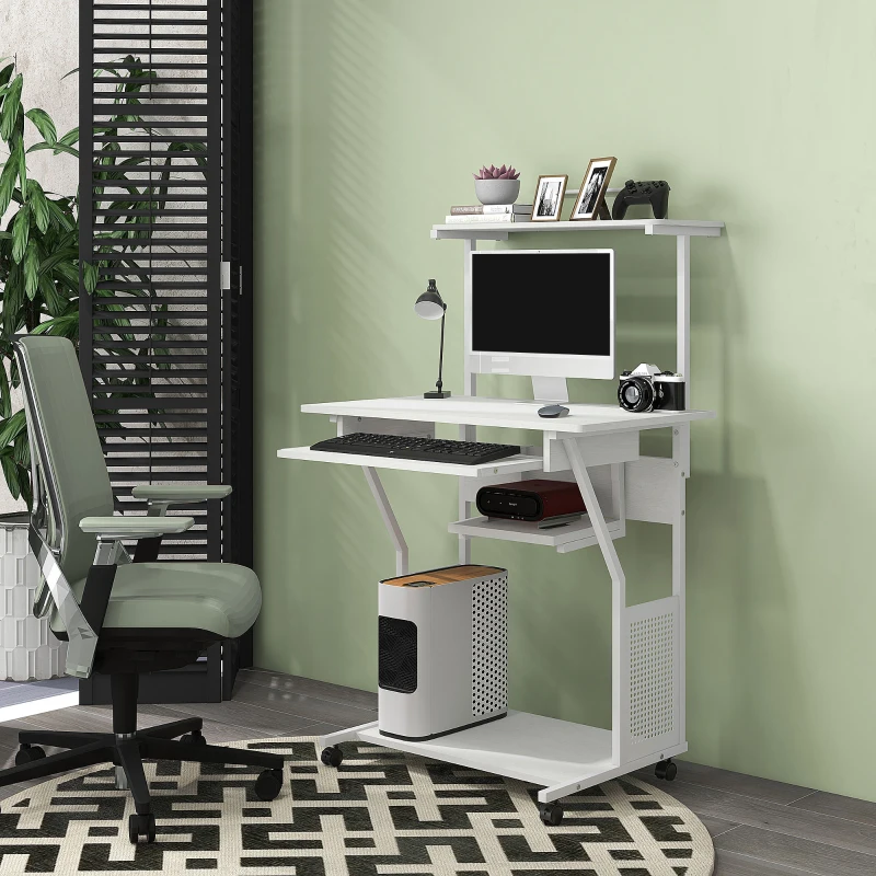 HOMCOM Bureau d'ordinateur roulant avec étagères de rangement, poste de travail et plateau pour clavier, 80x50x130cm, blanc
