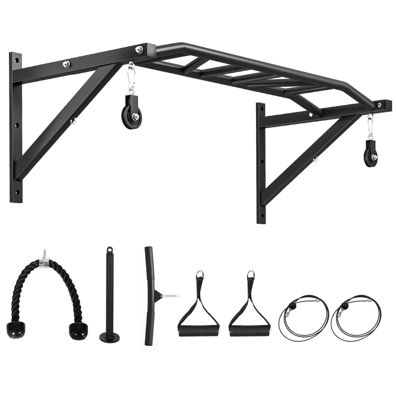 SPORTNOW Barre de traction murale barre de fitness multi-prise système de poulie à câble charge 200kg, acier 126x60x45,5cm, noir
